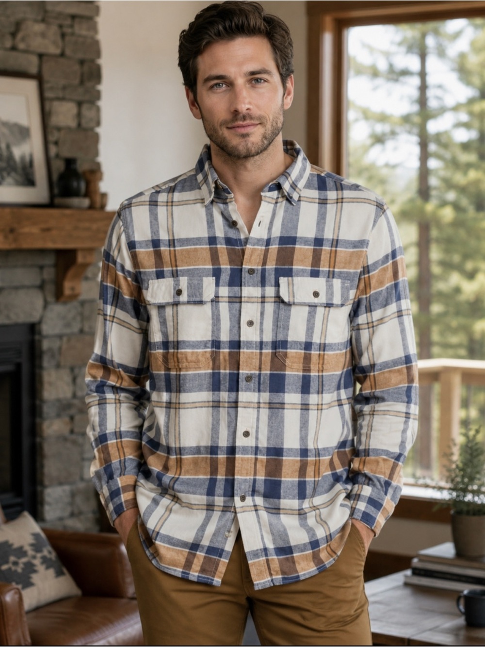 George Men's Plaid Button-Down Shirt in Blue, Brown & Cream